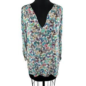 Ema Blue's Green Blue Butterfly Print Roll-Cuff Sleeve V-Neck Tunic S M FRANCE